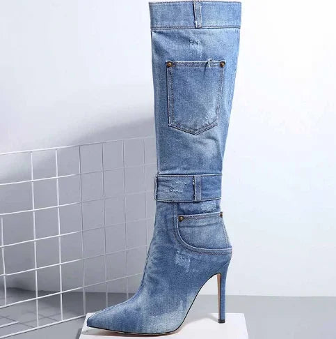 Sivri Uçlu Denim Stiletto Bot