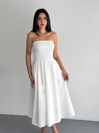 Straplez Pileli Elbise - Beyaz